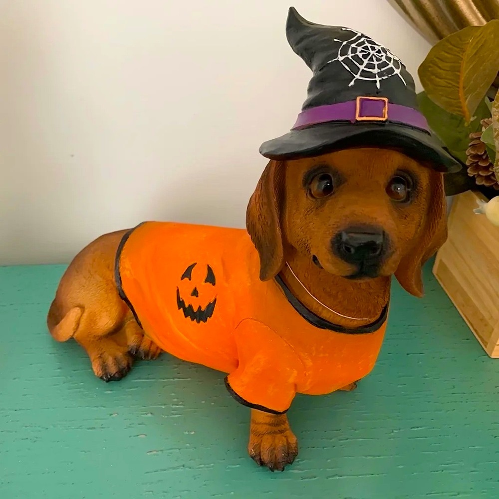 Halloween Dachshund Doxie Weiner Dog in Pumpkin Shirt with a Witch Hat
